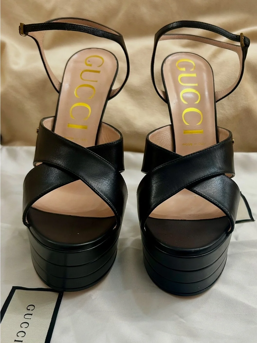 Gucci Black Leather Platform Sandals with Ankle Strap